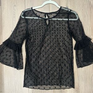 Black Mesh Star Pattern Top with Ruffle Sleeves